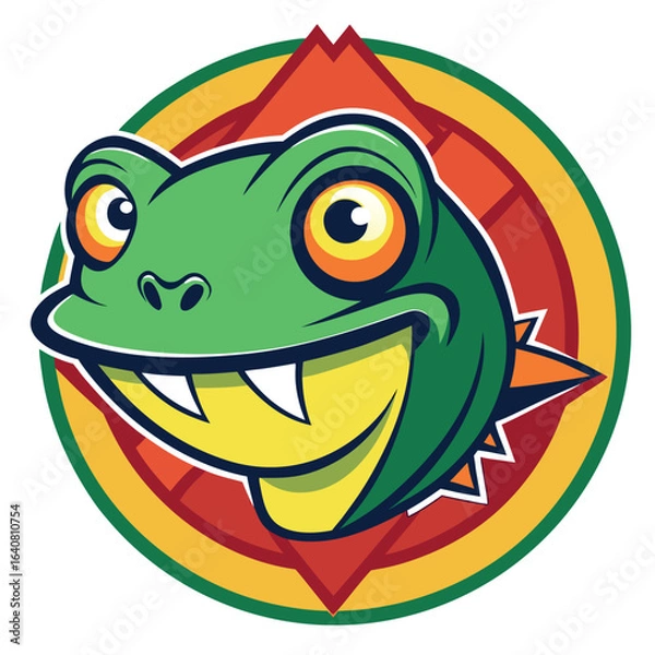 Fototapeta Colorful cartoon frog illustration with vibrant eyes and a playful expression in a circular design