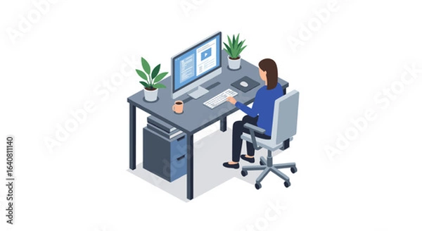 Fototapeta Isometric office workspace with woman at computer and indoor plants