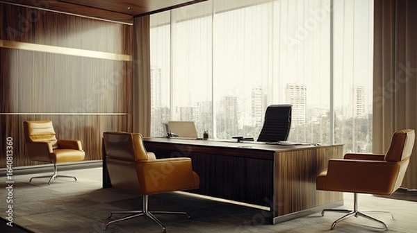 Obraz Executive office interior with modern desk, leather chairs, and city view
