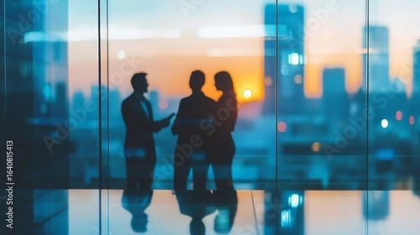 Fototapeta Silhouettes of three professionals conversing against a sunset backdrop in a modern office setting, highlighting collaboration and business dynamics.