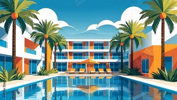Fototapeta Flat vector hotel resort, palm trees, pool geometric shapes