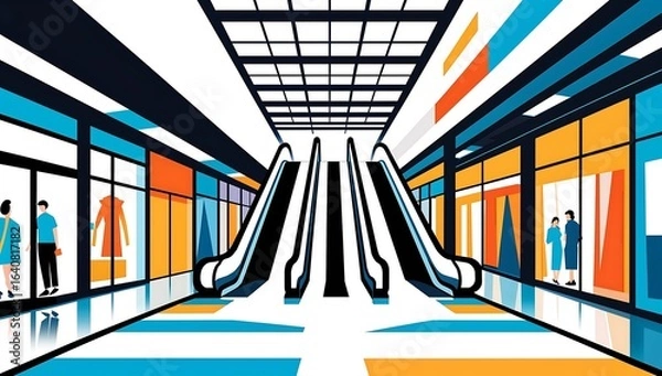 Fototapeta Flat vector shopping mall, escalator lines, storefront abstracts