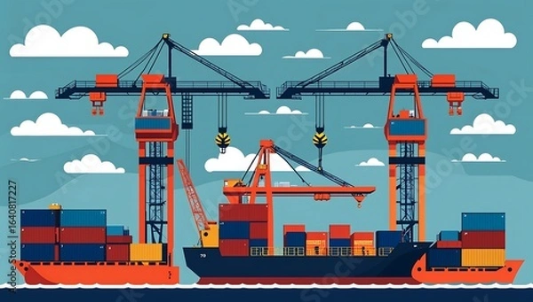 Fototapeta Flat vector port cranes, shipping containers, cargo ship outline