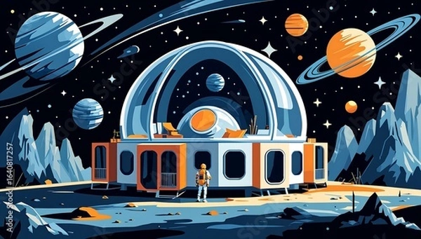 Fototapeta Flat vector space habitat dome, modular units, starfield