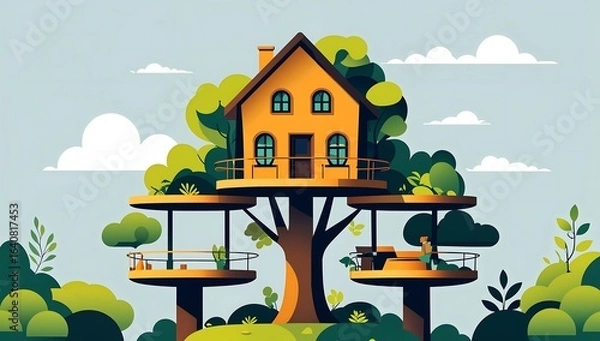 Fototapeta Flat vector treehouse, circular platforms, minimal foliage
