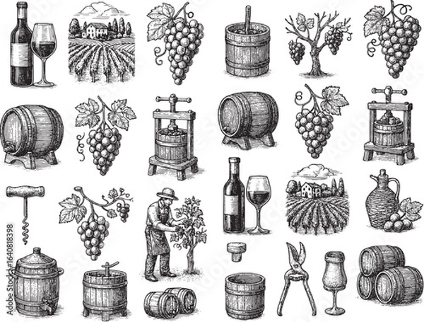 Fototapeta Vintage Wine Illustration Set: Grapes, Barrels, and Winemaking Tools