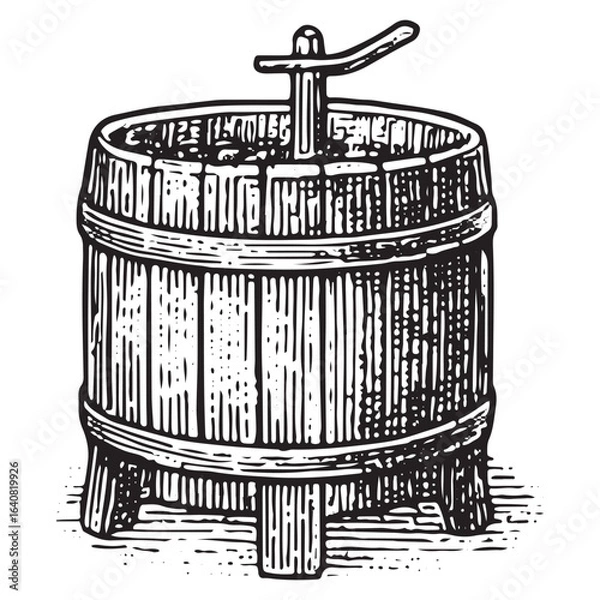 Fototapeta Vintage Wooden Bucket with Stirring Stick Illustration: Essential Winemaking Tool