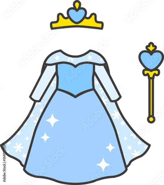 Fototapeta Princess outfit illustration with sparkling blue dress, tiara crown, and wand. Great for planners, kids printables, digital sticker sets, and fantasy-themed graphics. PNG + vector included.