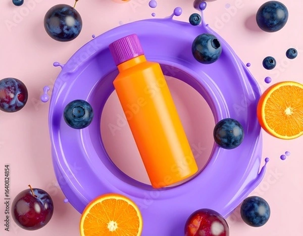 Fototapeta Bright Orange Bottle Surrounded by Fruits and Purple Splash on Light Pink Surface