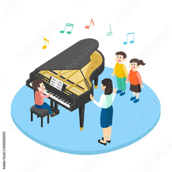 Obraz 楽しく合唱する子供たちと女性の先生のイメージイラスト