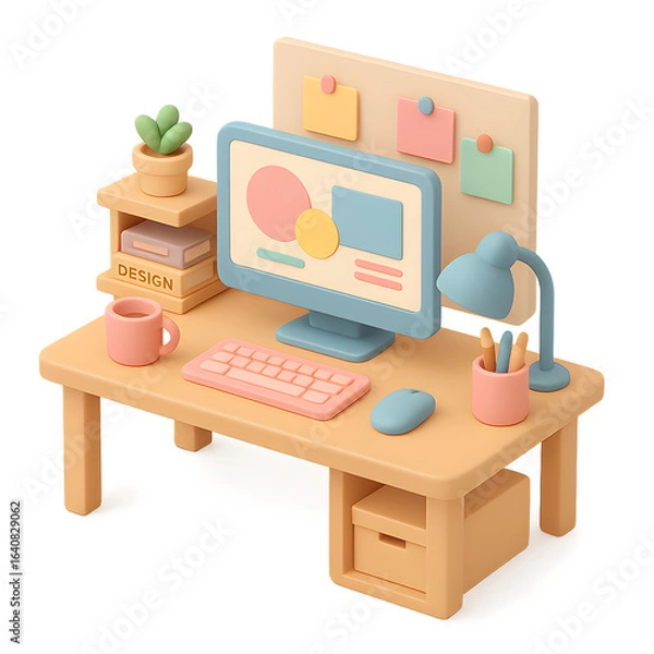 Obraz 3D Stylized Designer Workspace Illustration in Isometric Low-Poly Style