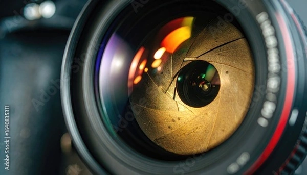 Fototapeta A close-up view of a camera lens reveals the partially open aperture blades and reflections of light.
