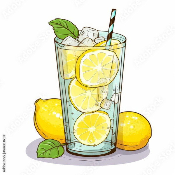 Fototapeta Refreshing lemonade drink with slices of lemon and ice in a glass served with a mint leaf decoration