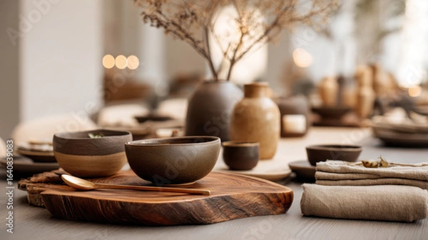 Fototapeta A cozy and stylish table setting with warm tones and natural elements.