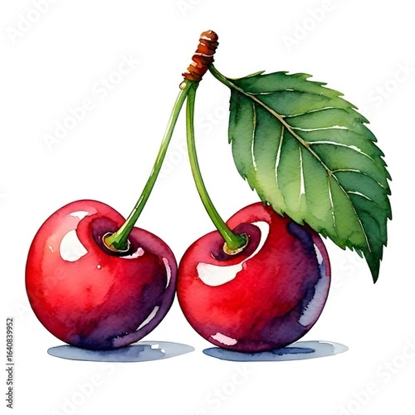 Fototapeta Watercolor cherries painting illustration fresh fruit summer art print kitchen decor
