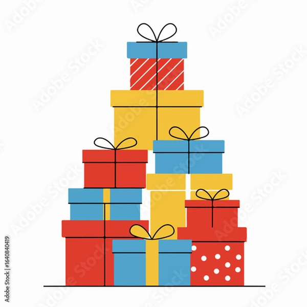 Obraz Colorful stack of gift boxes for celebrations and holidays, featuring minimalist flat design presents with ribbons and bows.