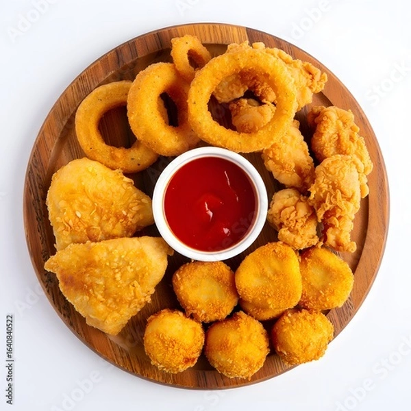 Fototapeta Appetizer platter with fried onion rings chicken nuggets and dipping sauce on wood plate