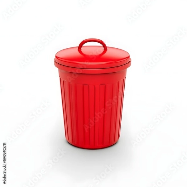 Fototapeta Red trash can with lid waste management garbage container household bin recycling can