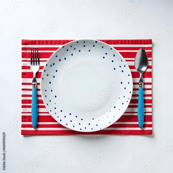 Obraz Empty plate setting with blue polka dots fork and spoon on red and white striped mat