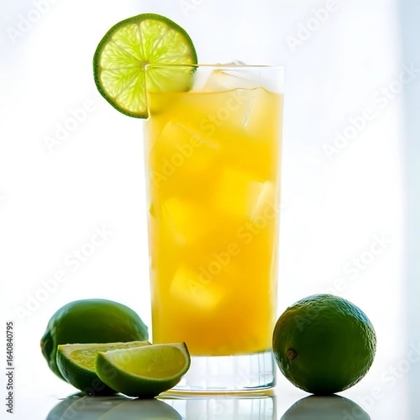 Fototapeta Refreshing lime juice cocktail recipe with ice cubes and lime garnish for summer drink
