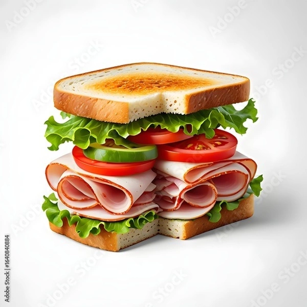 Fototapeta Delicious ham sandwich with lettuce tomato and cucumber on white background close up shot