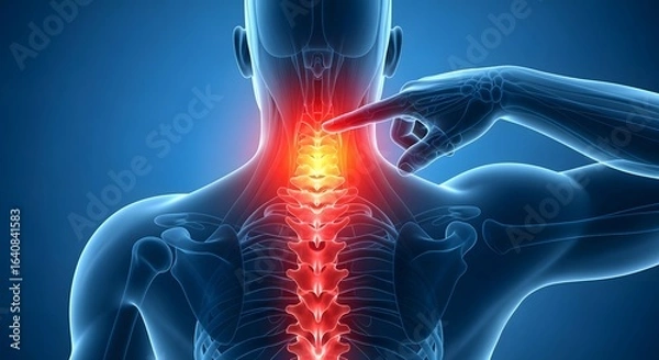 Fototapeta Human Body Anatomy with Red Spine Pain Pointing on Blue