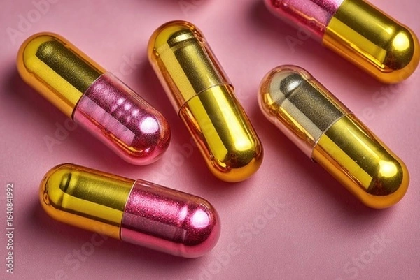 Fototapeta Colorful capsules scattered on a pink surface