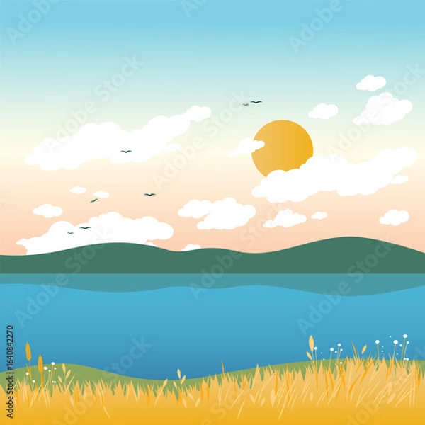 Fototapeta Landscape background in the lake and hills. Summer nature with wheat field by the sea. Beautiful sunset sky with sun and clouds. Vector illustration