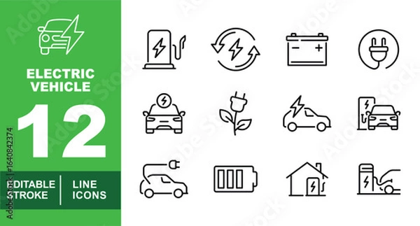 Fototapeta Electric Vehicle set of web icons in line style. Exclusive electric vehicle linear icon collection. Containing station, battery, flower, house, plug, garage, recycle, car and more. Editable stroke