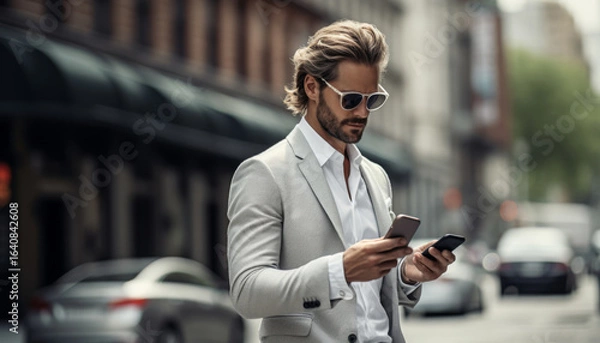 Fototapeta Stylishly dressed man checking his smartphone on a city street during daytime with modern architecture in the background