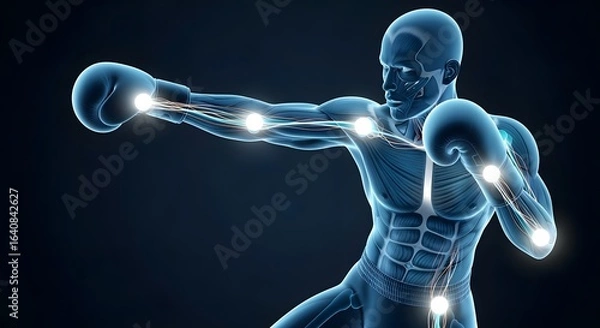 Fototapeta Anatomical Blue Boxer Striking with Gloves, Illuminated Nervous System