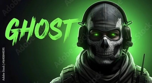 Fototapeta Skull Masked Soldier Wearing Headset with Glowing Green Eyes on Dark Background