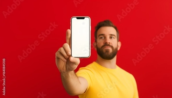 Fototapeta Man in a yellow shirt holding a smartphone with a blank screen against a vibrant red background