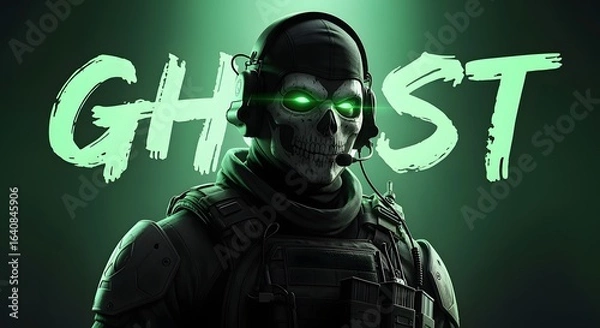 Fototapeta Skull Masked Soldier Wearing Tactical Gear on Green Background