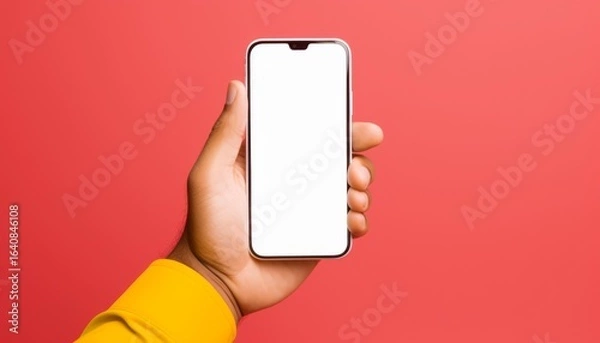 Fototapeta Hand holding smartphone with blank screen against vibrant pink background ready for design mockup or media display
