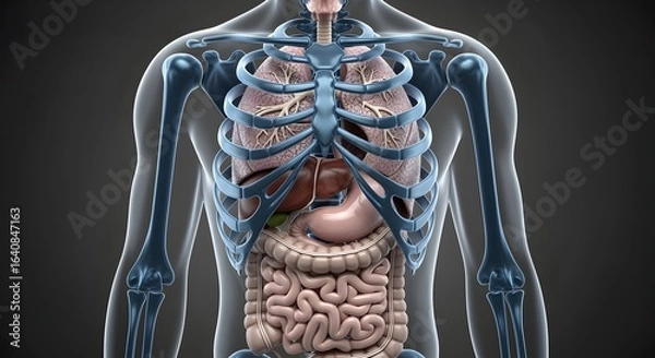 Fototapeta Human Body Anatomy Skeleton and Organs on Dark Background