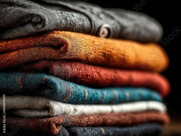Fototapeta Stack of folded clothes in various colors and textures