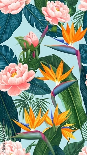 Fototapeta Tropical floral pattern with vibrant flowers and leaves
