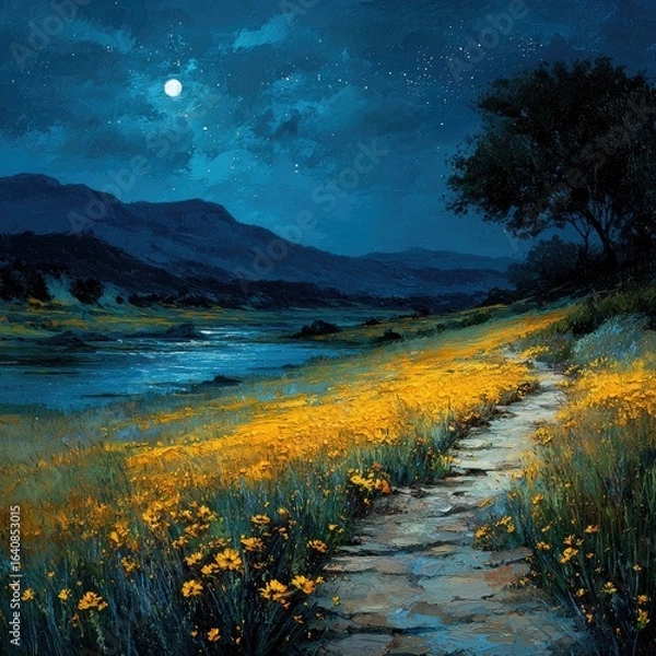 Fototapeta Moonlight path through a field of wildflowers