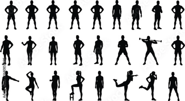 Obraz A collection of fitness silhouettes, men and women in various exercise and sport poses, a vector illustration for health and wellness.
