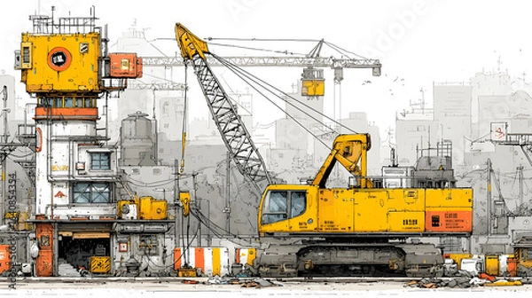 Obraz Construction site with crane, excavator, and scaffolding.