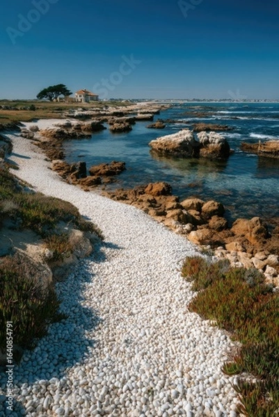 Fototapeta Coastal path winding through white pebble beach