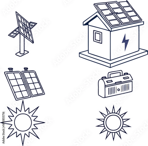 Obraz Vector art of solar energy icons including panels, house, battery, and sun isolated on white background