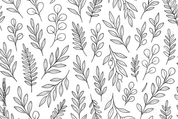 Fototapeta Intricate black and white botanical pattern with delicate leaves and branches
