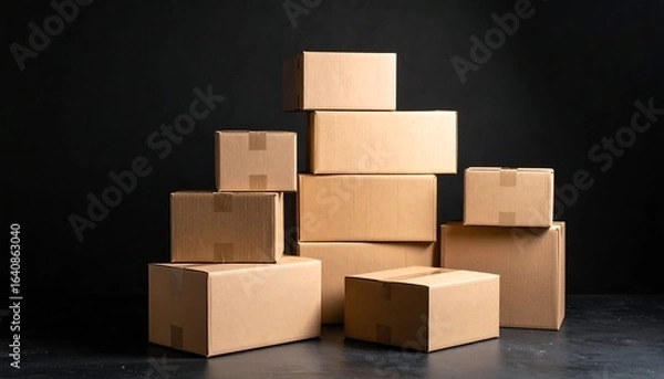 Obraz Stack of cardboard boxes on dark surface