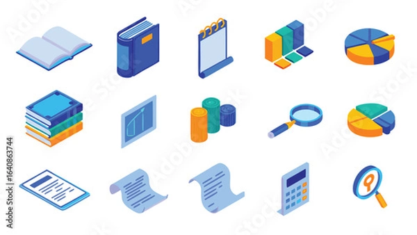 Fototapeta Isometric illustration featuring books charts and office supplies on a white background view