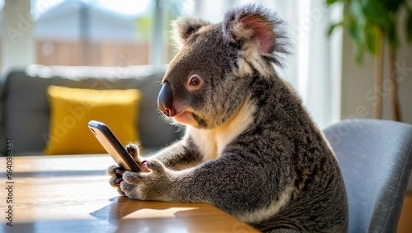 Fototapeta Cute koala bear using smartphone browsing internet funny animal pictures online now
