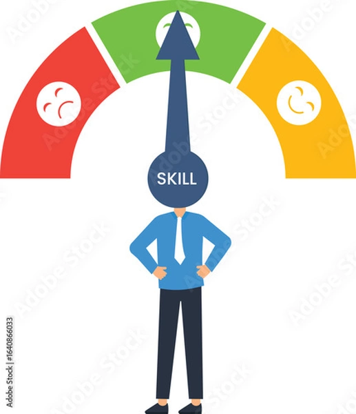 Fototapeta Skill Meter with Businessman: Concept of Performance, Achievement, and Success in Business,modern design, graphic design, cartoon character, happy face, sad face, smiling face, business attire