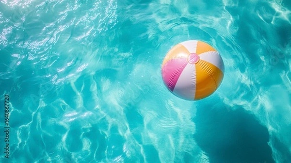 Obraz Colorful beach ball floats in a refreshing blue swimming pool.