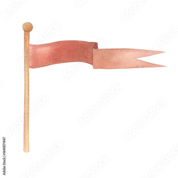Fototapeta Watercolor illustration of a waving flag on the flagpole in red. Long medieval flag, isolated. Hand drawn, sketch